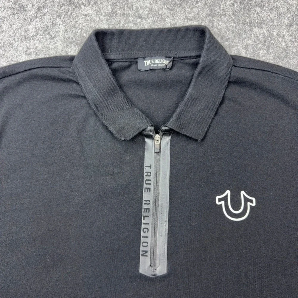 True Religion Shirt Mens XL Black Logo Zipper Tape Polo Horseshoe Short Sleeve